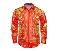 GSBOGOSSE Men Gold Fashion Luxury Printed Satin Long Sleeve Button-Down Shirts Flashy Retro Gorgeous Design Party Gift Shirt, Multicolored89, Large