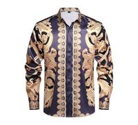 GSBOGOSSE Men Gold Fashion Luxury Printed Satin Long Sleeve Button-Down Shirts Flashy Retro Gorgeous Design Party Gift Shirt, Multicolored140, Large