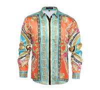 GSBOGOSSE Men Gold Fashion Luxury Printed Satin Long Sleeve Button-Down Shirts Flashy Retro Gorgeous Design Party Gift Shirt, Multicolored92, XXL