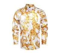 GSBOGOSSE Men Gold Fashion Luxury Printed Satin Long Sleeve Button-Down Shirts Flashy Retro Gorgeous Design Party Gift Shirt, Multicolored122, XXL