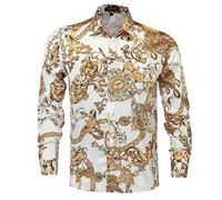 GSBOGOSSE Mens Gold Satin Button Down Long Sleeve Shirt | Mens Western Cowboy Baroque Print Silk Long Sleeve Button Down Shirt