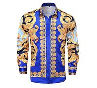 GSBOGOSSE Mens Gold Satin Button Down Long Sleeve Shirt | Mens Western Cowboy Baroque Print Silk Long Sleeve Button Down Shirt