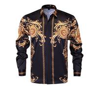 Mens Luxury Brand Printed Silk Like Satin Button Down Dress Shirt for Party Prom Long Sleeve Slim Fit Floral Nightclub Shirt, Multicolored41, XL