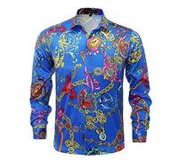GSBOGOSSE Mens Luxury Brand Printed Silk Like Satin Button Down Dress Shirt for Party Prom Long Sleeve Slim Fit Floral Nightclub Shirt, Multicolored25, XL