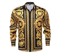 GSBOGOSSE Mens Luxury Brand Printed Silk Like Satin Button Down Dress Shirt for Party Prom Long Sleeve Slim Fit Floral Nightclub Shirt, Multicolored23, XXL