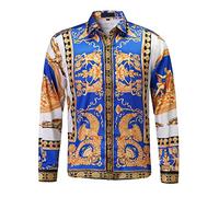 Mens Luxury Brand Printed Silk Like Satin Button Down Dress Shirt for Party Prom Long Sleeve Slim Fit Floral Nightclub Shirt, Multicolored13, 3XL