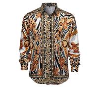 GSBOGOSSE Mens Luxury Brand Printed Silk Like Satin Button Down Dress Shirt for Party Prom Long Sleeve Slim Fit Floral Nightclub Shirt, Multicolored14, XL