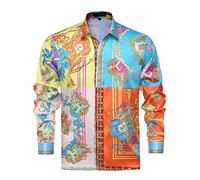 GSBOGOSSE Mens Luxury Brand Printed Silk Like Satin Button Down Dress Shirt for Party Prom Long Sleeve Slim Fit Floral Nightclub Shirt, Multicolored29, Medium