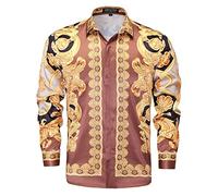 GSBOGOSSE Mens Luxury Brand Printed Silk Like Satin Button Down Dress Shirt for Party Prom Long Sleeve Slim Fit Floral Nightclub Shirt, Multicolored37, XL