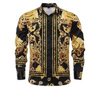 GSBOGOSSE Mens Luxury Brand Printed Silk Like Satin Button Down Dress Shirt for Party Prom Long Sleeve Slim Fit Floral Nightclub Shirt, Multicolored16, Large