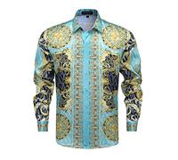 Mens Luxury Brand Printed Silk Like Satin Button Down Dress Shirt for Party Prom Long Sleeve Slim Fit Floral Nightclub Shirt, Multicolored5, XL