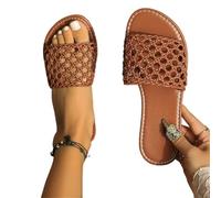 GSCLZ Chic Weaved Slide Sandals Woman Straw Plaited Flat Slippers Summer Round Toe Hollow Out Slip-on Shoes(Brown,42)