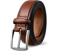 GSG Mens Leather Belts Double Stitched Belts for Jeans, Suits, Work, Uniform with Single Prong Buckle Brown 32-36 inch