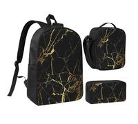 GSGCSBYMLG Black Gold Marble Printed 17in School Bag Pen Bag Lunch Bag Set