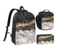 GSGCSBYMLG Black White Gold Foil Marble Printed 17in School Bag Pen Bag Lunch Bag Set