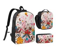GSGCSBYMLG Colorful Flower Butterfly Printed 17in School Bag Pen Bag Lunch Bag Set
