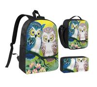 GSGCSBYMLG Couple Owl Perch Tree Printed 17in School Bag Pen Bag Lunch Bag Set