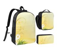 GSGCSBYMLG Curving Chamomile Flowers Flying Butterflies Printed 17in School Bag Pen Bag Lunch Bag Set