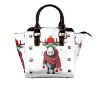 GSGCSBYMLG Funny Christmas Moose printed Leather Rivet Shoulder Bag Genuine leather handbag