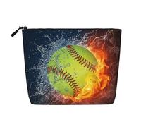 GSGCSBYMLG Orange Softball Baseball on Fire and Water Printed Fake Hemp Makeup Bag Travel Toiletry Bag Organizer Bag