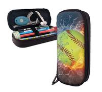 GSGCSBYMLG Orange Softball Baseball on Fire and Water Printed Leather Pencil case Portable Stationery Case