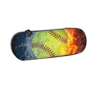 GSGCSBYMLG Orange Softball Baseball on Fire and Water Printed Leather Pencil case Stationery Bag