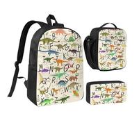 GSGCSBYMLG Stylish Learning Alphabets with Dinosaurs Printed 17in School Bag Pen Bag Lunch Bag Set