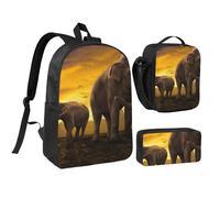 GSGCSBYMLG Sunset Parent-Child Elephant Printed 17in School Bag Pen Bag Lunch Bag Set
