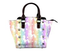 GSGCSBYMLG Unicorns On Colorful Stripes printed Leather Rivet Shoulder Bag Genuine leather handbag