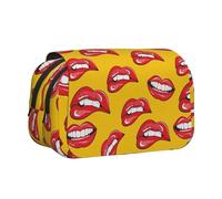 GSGCSBYMLG Women Smiling and Biting Her Red Lips Printed Double Clamshell Pen Case Portable Stationery Case