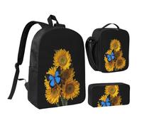 GSGCSBYMLG Yellow Sunflowers with Blue Butterflies Printed 17in School Bag Pen Bag Lunch Bag Set