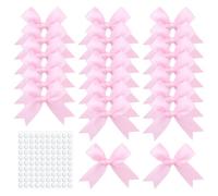 GSHLLO 50 Pcs Pre Made Gift Wrap Bows Handmade Satin Ribbon Bows DIY Craft Bow Embellishments Small Present Bow Decorations with Double Sided Adhesive Dots for Wedding Pink