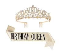 GSHLLO Women Happy Birthday Rhinestone Tiara with Comb Glitter Princess Crystal Crown Headband Sparkly Prom Party Tiara Birthday Queen Sash Belt for Celebrations, crown: 12.5 x 4.5cm,sash:155 x 9.5cm