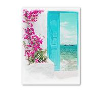 GSHRED Watercolor Art Canvas Painting Blue Gate Greek Island Beach Landscape Poster Prints Wall Picture Coastal Home Decor Frameless-40×60cm