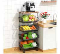 Gsiekare Fruit Vegetable Basket for Kitchen, 5 Tier Stackable Fruit Vegetable Storage Baskets with Wheels, Metal Wire Storage Basket Organizer Cart for Kitchen, Pantry, Bathroom