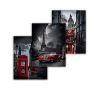 GSJMWD 3Pcs Paris Oil Painting Picture Print Street View Of London Artwork Black White And Red Big Ben Canvas Wall Art for Home Walls Bedroom Living Room Bathroom Home Decor 30x40cm
