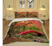 GSKOQD Super King Size Duvet Cover Sets - 3 Pcs 3D Printed Red Wooden Bridge In The Forest Pattern Bedding Sets 260X220Cm Ultra Soft Hypoallergenic Microfiber Quilt Cover Sets + 2 Pillowcases 50X75
