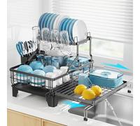 GSlife Large Dish Drying Rack - Extendable 2-in-1 Dish Racks for Kitchen Counter or Over Sink, 2 Tier Dish Drainer with Drainboard, Cups Holder and Utensil Holder, Black