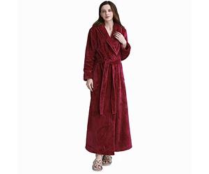 GSNOW Ladies Soft Fleece Dressing Gown Long Fluffy Bathrobe Morining Gown Wine Red XL