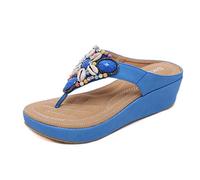 GSNOW Ladies Summer Flip Flops Leather Low Wedge Heel Sandals Beach Slipper Blue 5