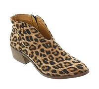 GSNOW Women Leopard Print Ankle Boots Mid Heel Chunky Leather Walking Boots Brown