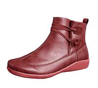 GSNOW Women's Casual Leather Classic Slip On Arch Support Flat Heel Ankle Boots Red