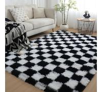 Gsogcax Checkered Rugs Living Room 4'×5.3' Super Soft Fluffy Area Rugs for Bedroom Shaggy Anti-Skid Comfortable Large Rugs Indoor Modern Home Decor Floor Carpet - Black & White 120x160