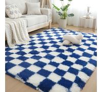 Gsogcax Checkered Rugs Living Room 6'x9' Super Soft Fluffy Area Rugs for Bedroom Shaggy Anti-Skid Comfortable Large Rugs Indoor Modern Home Decor Floor Carpet - Blue & White 180x270