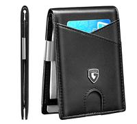 GSOIAX Slim Leather RFID Bifold Wallet for Men Minimalist Front Pocket Wallet with Money Clip,12 Card Slots,ID Window,Cool Groove Design,Includes Gift Box, D-Leather Black, Classic