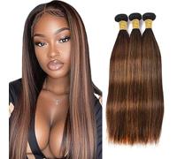 Gsoroel Straight Bundles Human Hair Extension, 100% Unprocessed Human Hair, P4/30 Highlight Brown Real Hair Wig, Brazilian Virgin Hair, No Tangle for Women, 3 Bundles, Total 300 g, 14 16 18 Inches