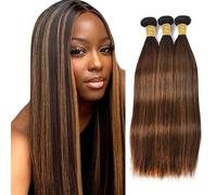 Gsoroel Straight Bundles Human Hair Extension, 100% Unprocessed Human Hair, p4/30 Highlight Brown Real Hair Wig, Brazilian Virgin Hair, No Tangle for Women, 3 Bundles, Total 300 g, 28 30 32 Inches