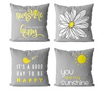 GSPIRIT Pack of 4 Happy Sunshine Cushion Covers, Decorative Square Cute Throw Pillow Covers Pillowcases for Couch Living Room Sofa Bed with Invisible Zipper 18x18 Inches (Bird Sunshine Flower)