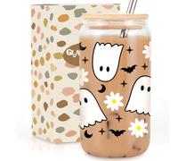 GSPY Cute Ghost Cups, 16oz Halloween Glass Cups with Lids and Straws, Spooky Bat Daisy Iced Coffee Tumbler, Fall Coffee Mug - Boo Basket Stuffers, Halloween Gifts for Women, Adults, Girls, Her