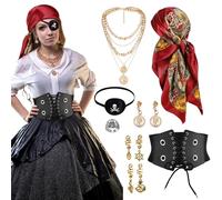 GSrenyu 11 Pcs Pirate Costume Accessories Women, Medieval Pirate Bandana, Eye Patch, Corset Belt, Hair Accessories, 2 Layer Necklace & Ring for Halloween, Carnival, Music Festival, Dress Up Party